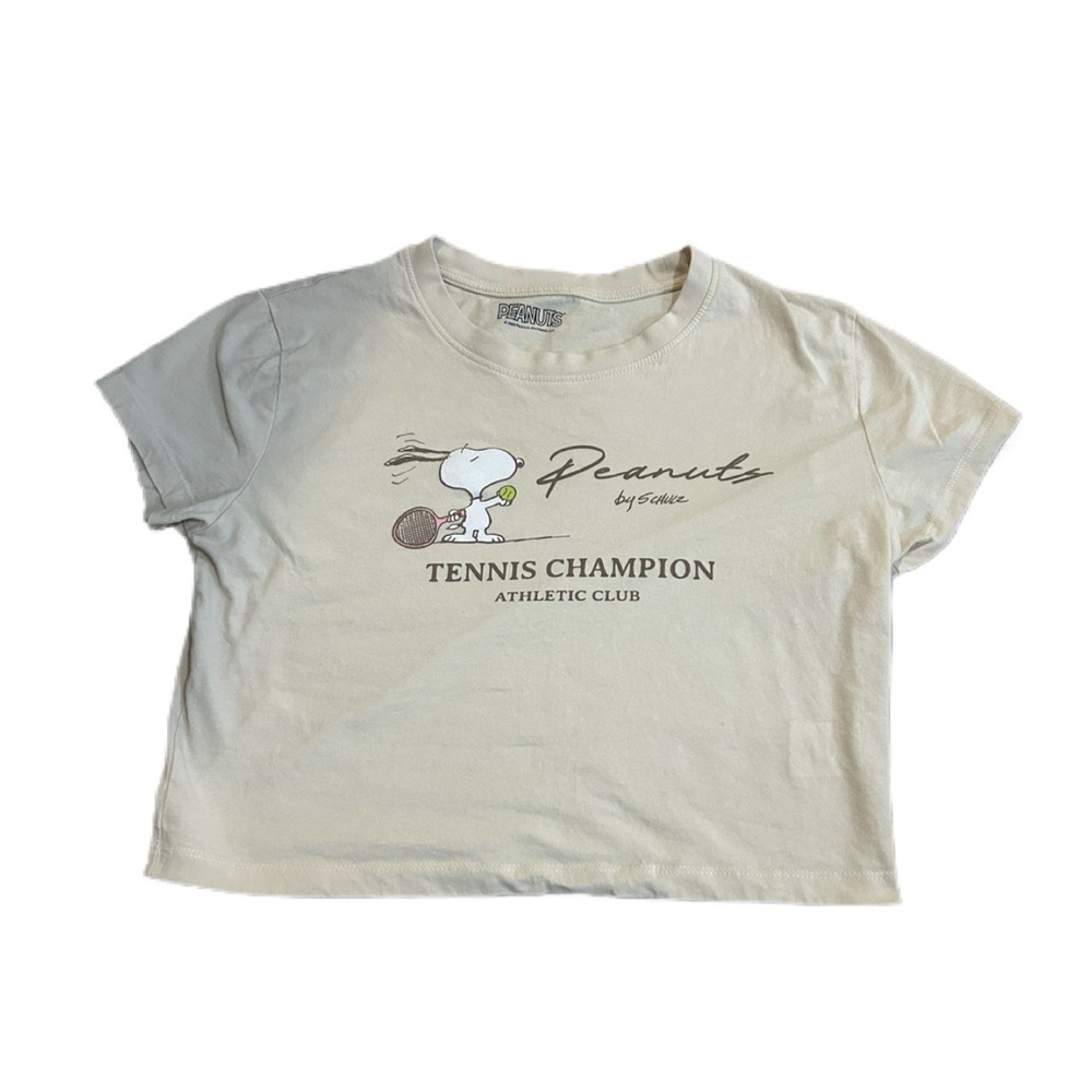 Snoopy Tennis Crop Top Baby Tee Cream Beige Shirt Peanuts 100% cotton